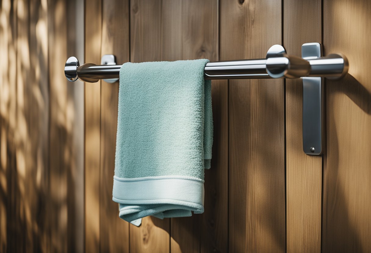 Towel holders mounted on a wooden wall in a cozy cabin, ready for guests