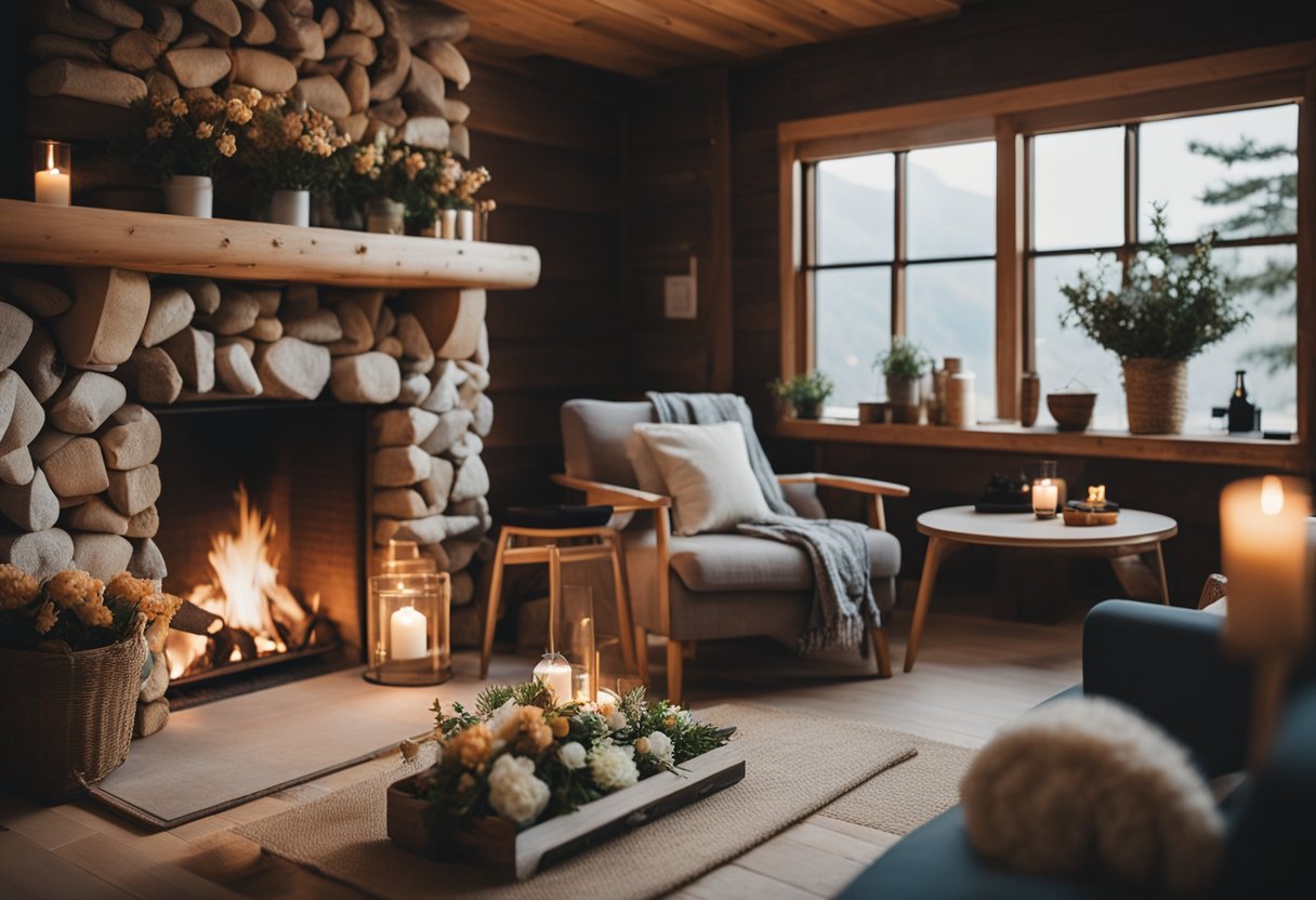 A cozy cabin being prepared for guests with clean linens, fresh flowers, and a warm fire crackling in the fireplace