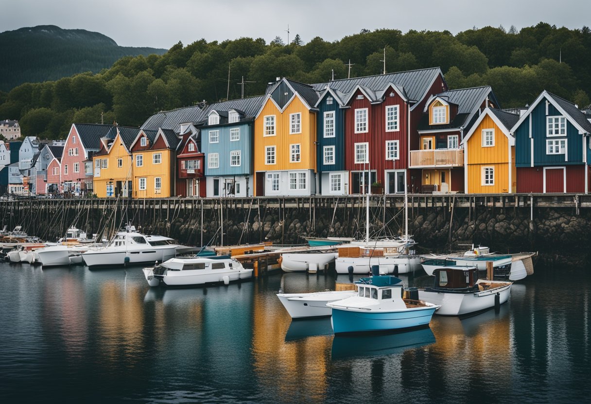 The scene depicts a coastal town in Risør with colorful wooden houses lining the waterfront. The sky is overcast with a light drizzle, and the sea is calm with small boats bobbing in the harbor