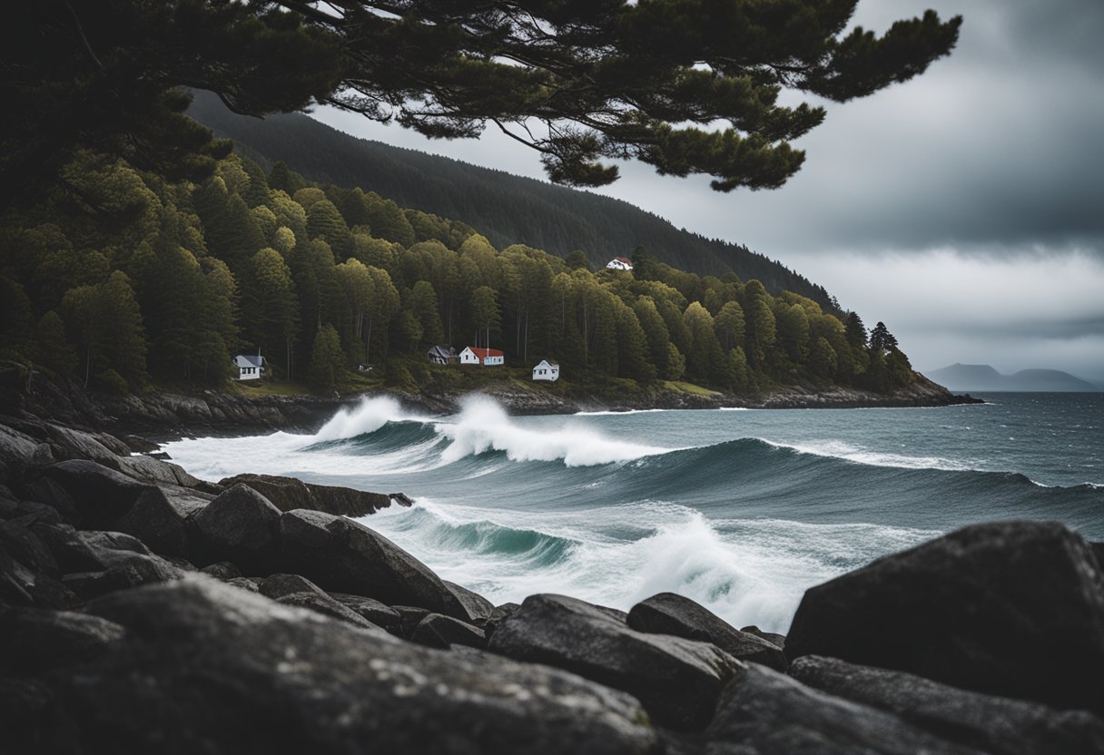 A stormy weather scene in Risør with dark clouds, crashing waves, and wind-blown trees along the coastline