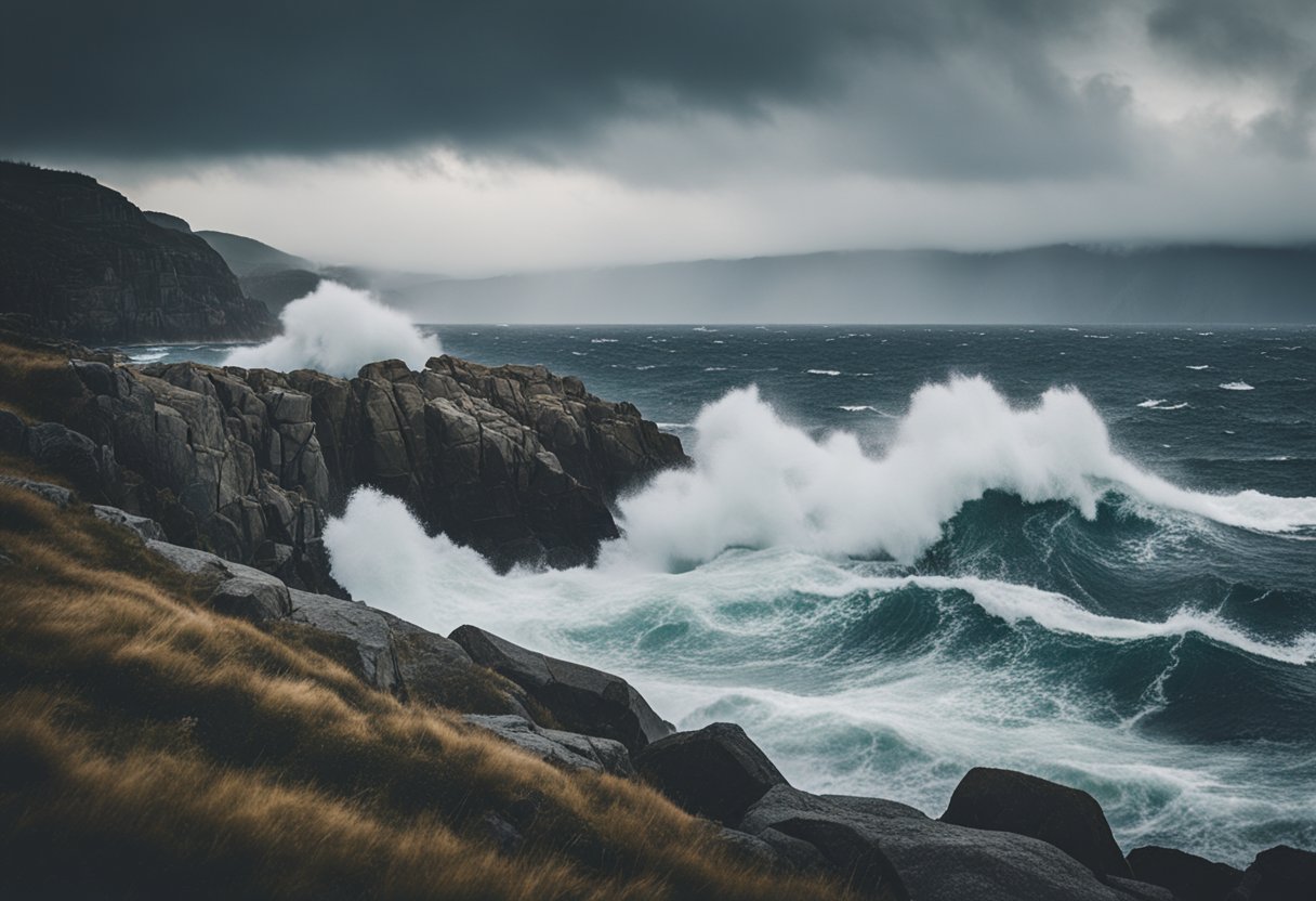 Rough sea in Risør: high waves crashing against rocky cliffs under stormy skies