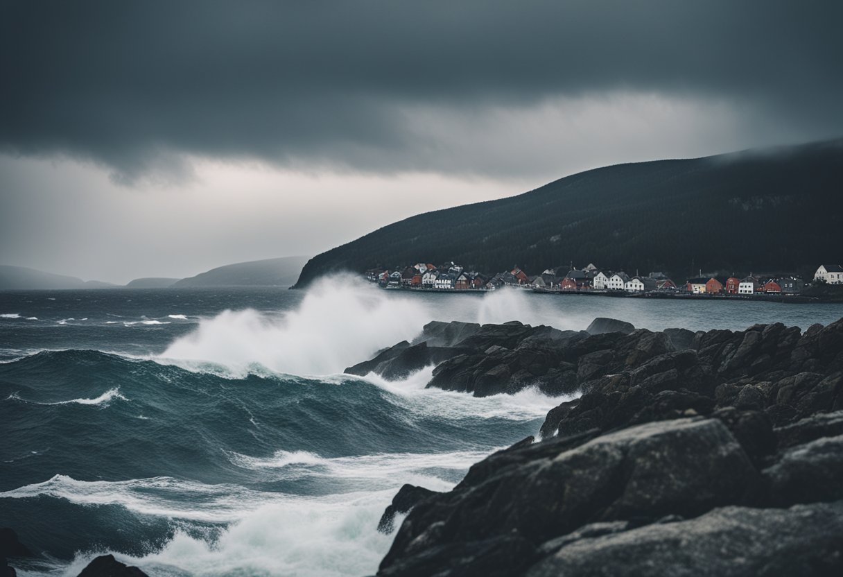 A strong wind blows through the coastal town of Risør, causing waves to crash against the rocky shore. The sky is dark and ominous, with clouds swirling overhead