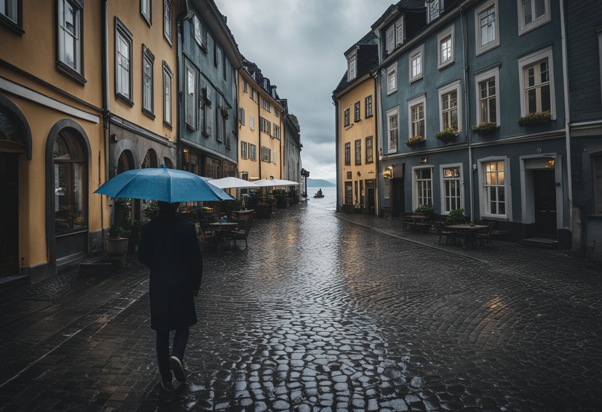 A rainy day in Risør: dark clouds loom over the coastal town, raindrops patter on cobblestone streets, and umbrellas dot the landscape