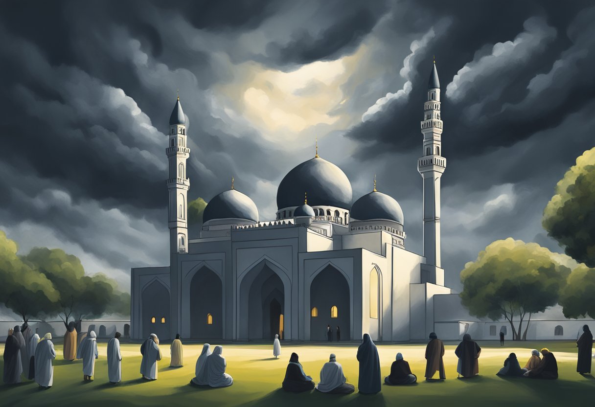 A dark, stormy sky hovers over a mosque, as a group of people gather to discuss the troubling shift towards sin becoming the norm in Islam