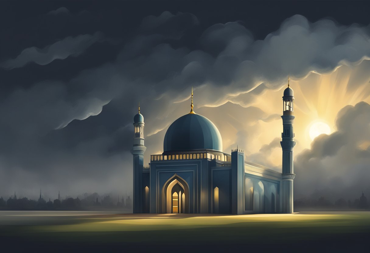 A mosque surrounded by dark clouds, with a spotlight shining on the minaret, symbolizing the struggle against sin becoming the norm in Islam