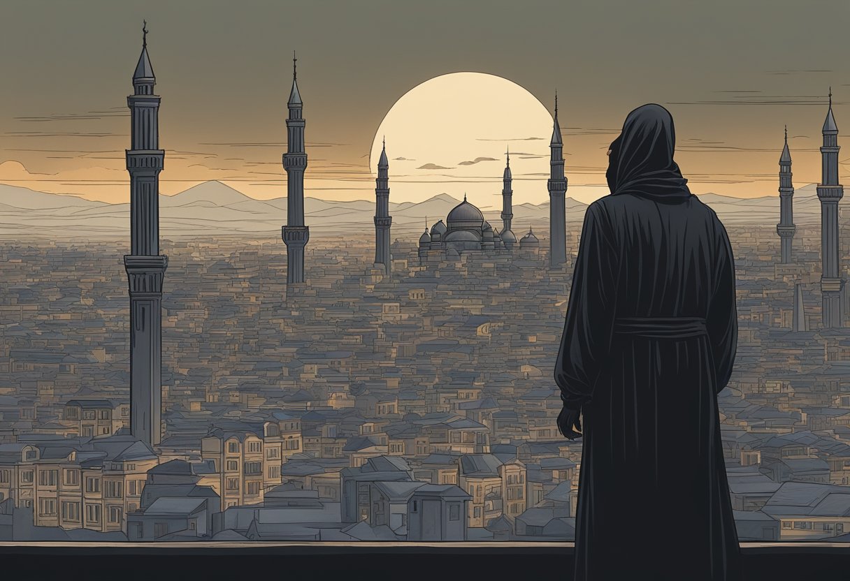 A dark figure looms over a city skyline, with a mosque in the background. The atmosphere is tense, with an ominous feeling in the air