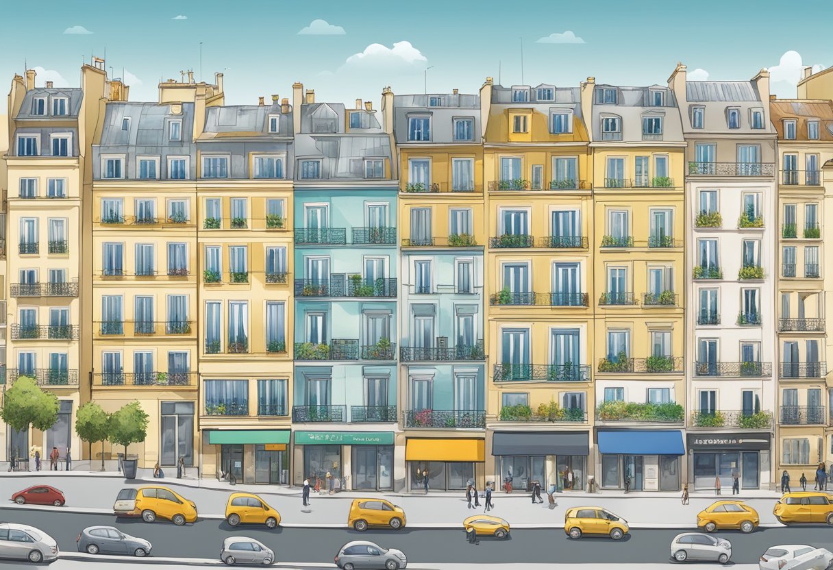 A diverse group of buildings representing different types of Halal real estate investments in France. Each building is labeled with its specific investment method