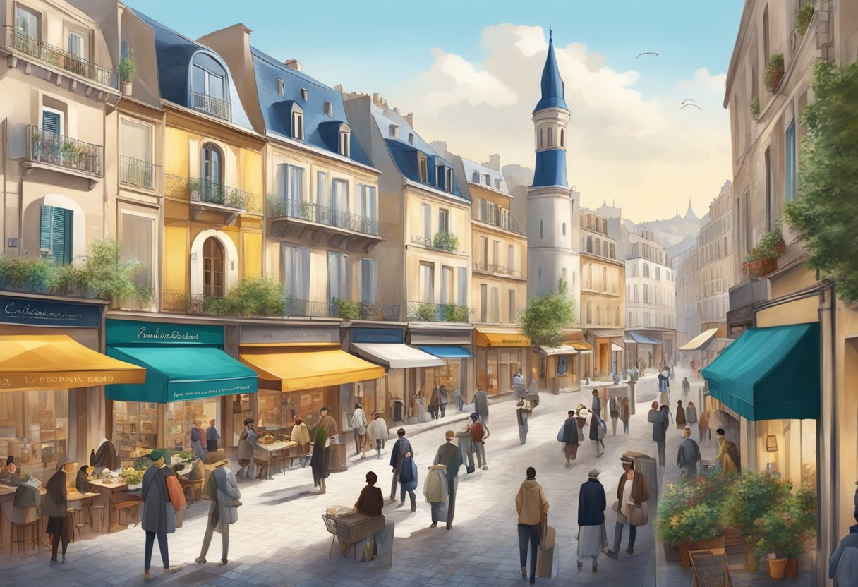 A bustling French street with diverse buildings, a mosque, and people engaged in various real estate investment activities