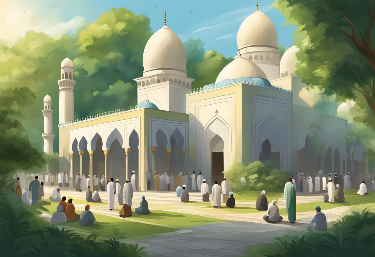 A peaceful mosque with diverse worshippers, surrounded by greenery and a serene atmosphere