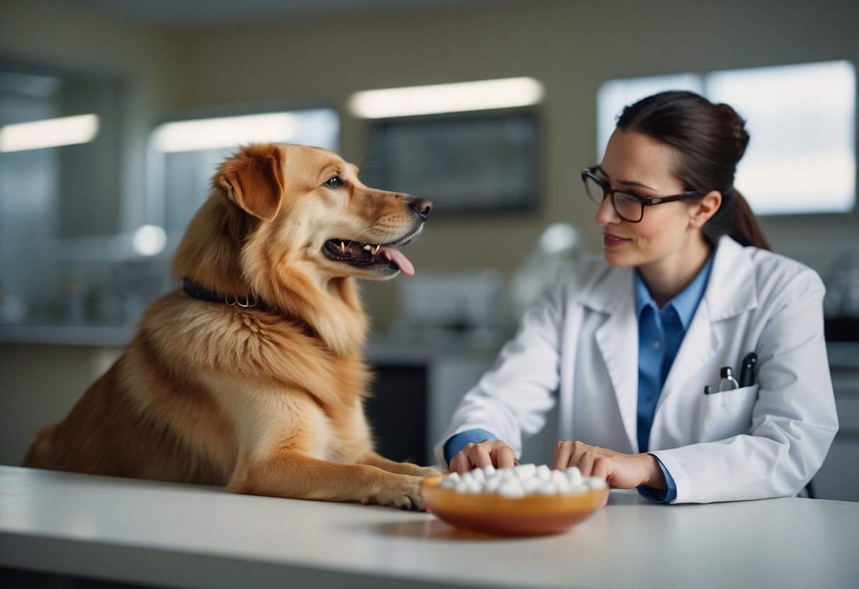 A dog with increased thirst, frequent urination, weight loss, and lethargy. A veterinarian performing blood glucose tests and prescribing insulin injections