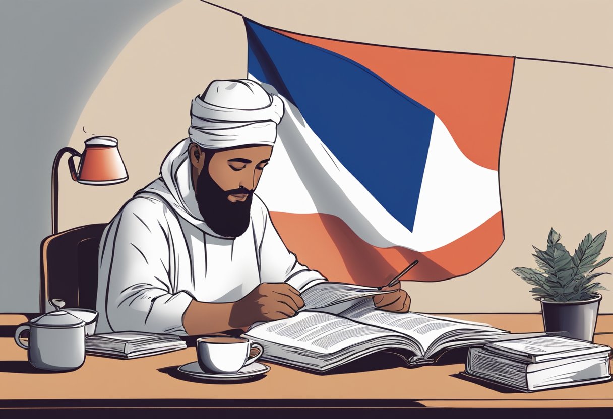 A person reading a book titled "10 Tips for a New Muslim to Continue Normal Life in France" while sitting at a desk with a cup of tea and a French flag in the background