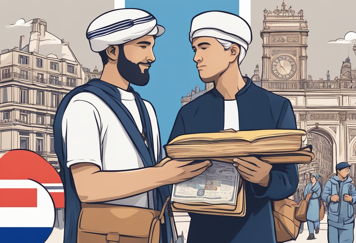 A person holding a Quran in one hand and a French flag in the other, surrounded by symbols of daily life in France, such as a baguette, a croissant, a beret, and a metro ticket