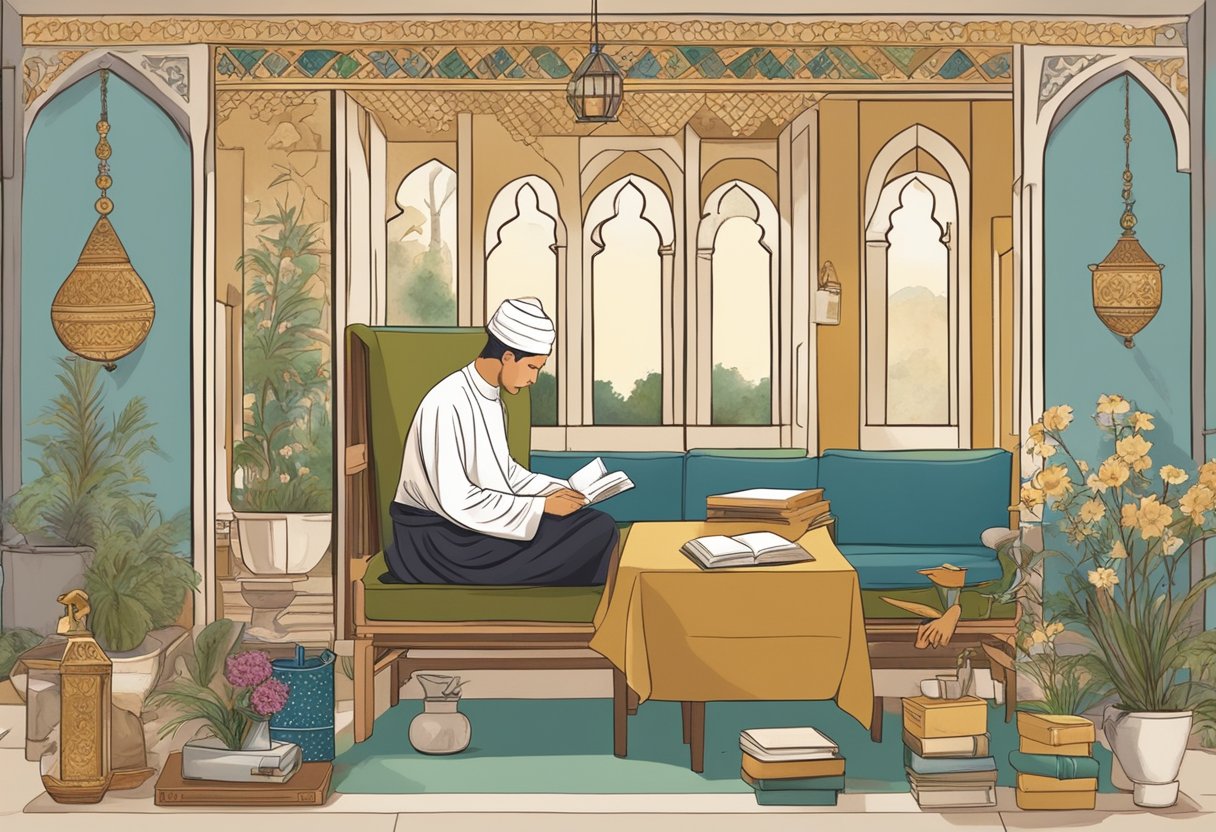 A person reading a book titled "Pratiques Fondamentales de l'Islam" in a peaceful French setting, surrounded by familiar objects and symbols of daily life