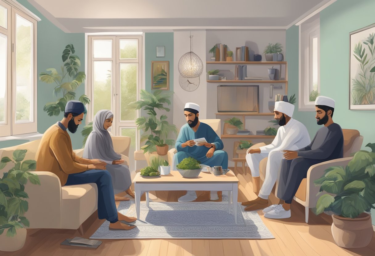 A convert to Islam in France maintaining normal life, showing a person at home, working, socializing, and practicing their faith peacefully in a diverse community