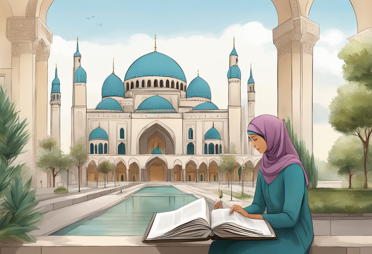 A peaceful mosque setting with French landmarks in the background, a person reading a guidebook on integrating into the Muslim community in France