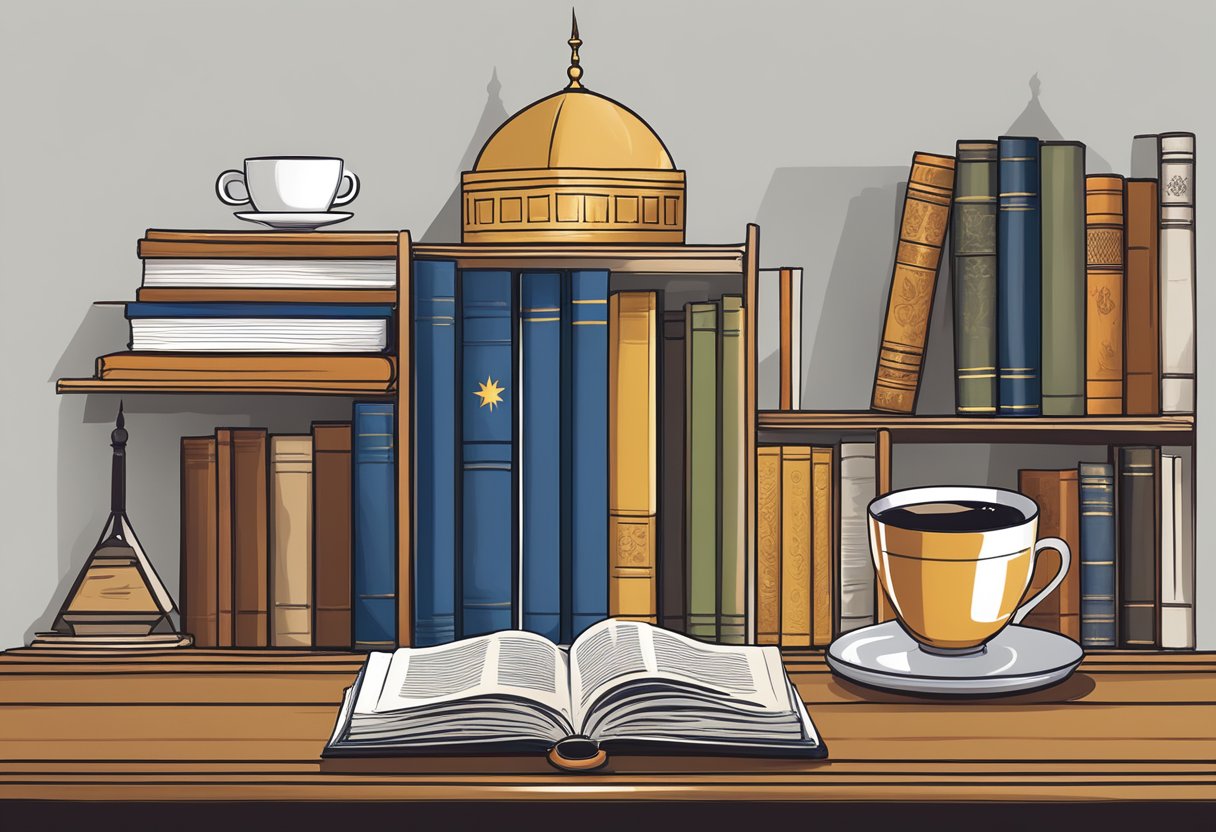 A bookshelf filled with Islamic literature, a French flag in the background, and a cup of coffee on a table