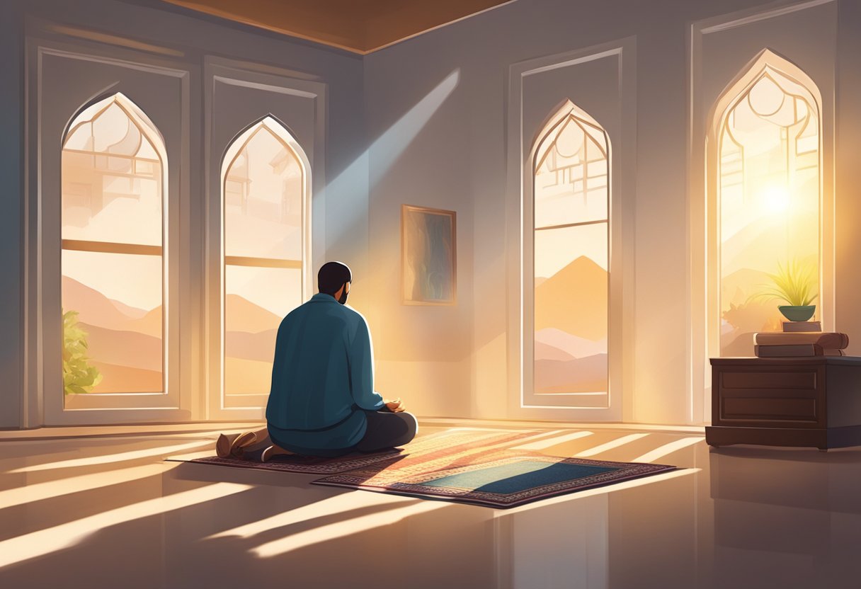 A person praying in a peaceful room, with a Quran on a shelf and a prayer rug on the floor. The sunlight streams in through a window, creating a serene atmosphere