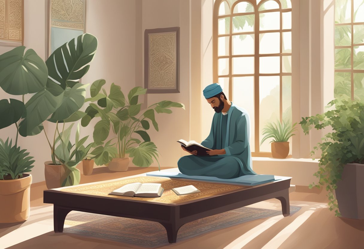 A serene room with a Quran on a table, a prayer mat, and a peaceful atmosphere. A person is reading and reflecting, surrounded by plants and natural light