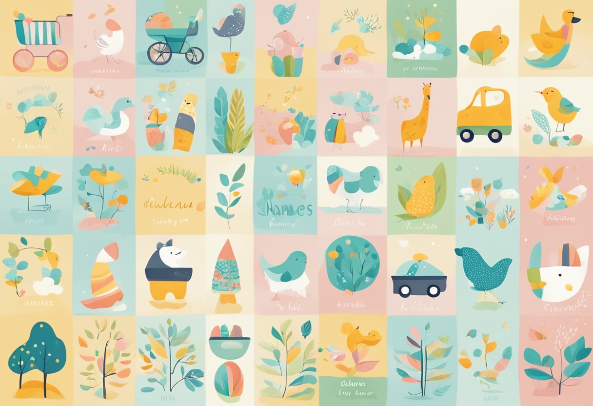 A colorful list of popular baby names arranged in a creative and visually appealing layout, surrounded by playful and whimsical illustrations