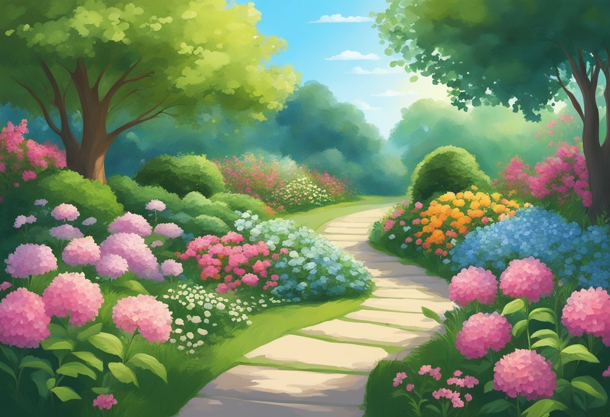 A serene garden with a pathway leading to a radiant, heavenly realm, surrounded by lush greenery and blooming flowers, with a clear blue sky above