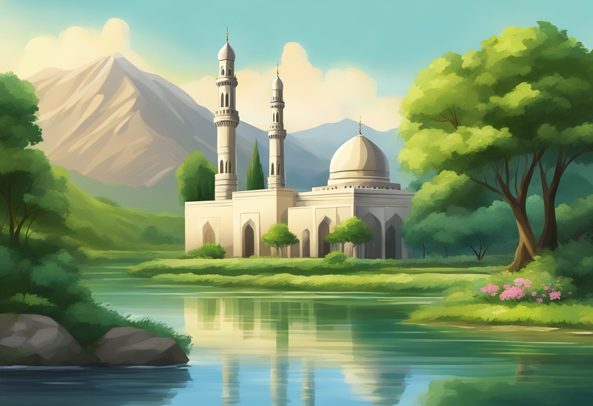 A serene mosque with a minaret reaching towards the sky, surrounded by lush greenery and a peaceful river flowing nearby, symbolizing the Islamic way of life and the pursuit of the afterlife