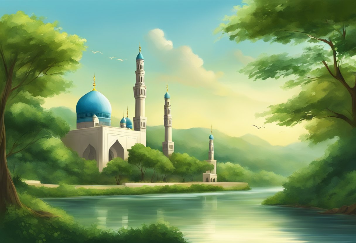 A serene mosque with a minaret reaching towards the sky, surrounded by lush greenery and a peaceful flowing river, symbolizing the tranquility and spiritual connection found in Islam