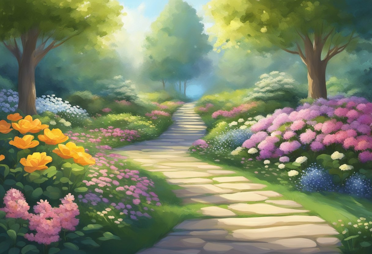 A serene garden with blooming flowers and flowing streams, with a clear path leading towards a radiant, heavenly light