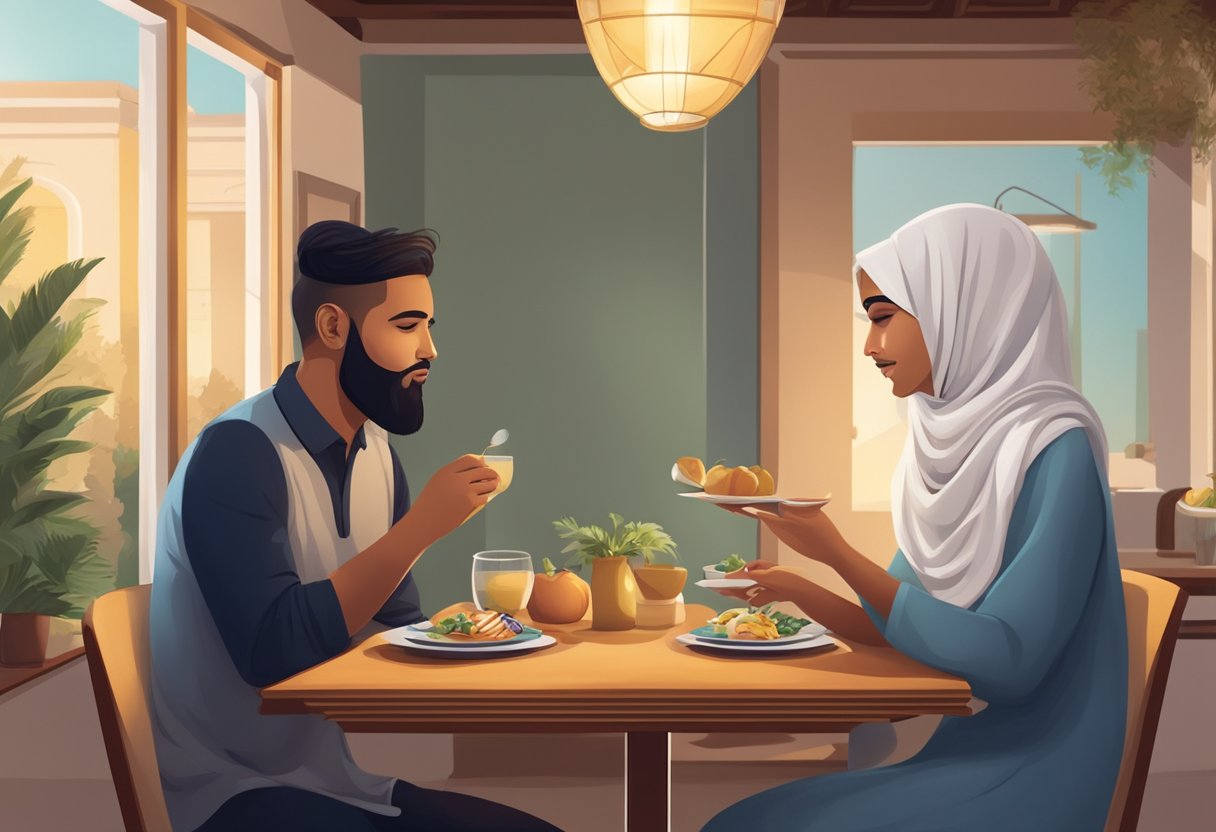 A Muslim couple in a modest apartment, sharing a meal. The woman wears a hijab, and the man has a beard. Islamic decorations adorn the walls