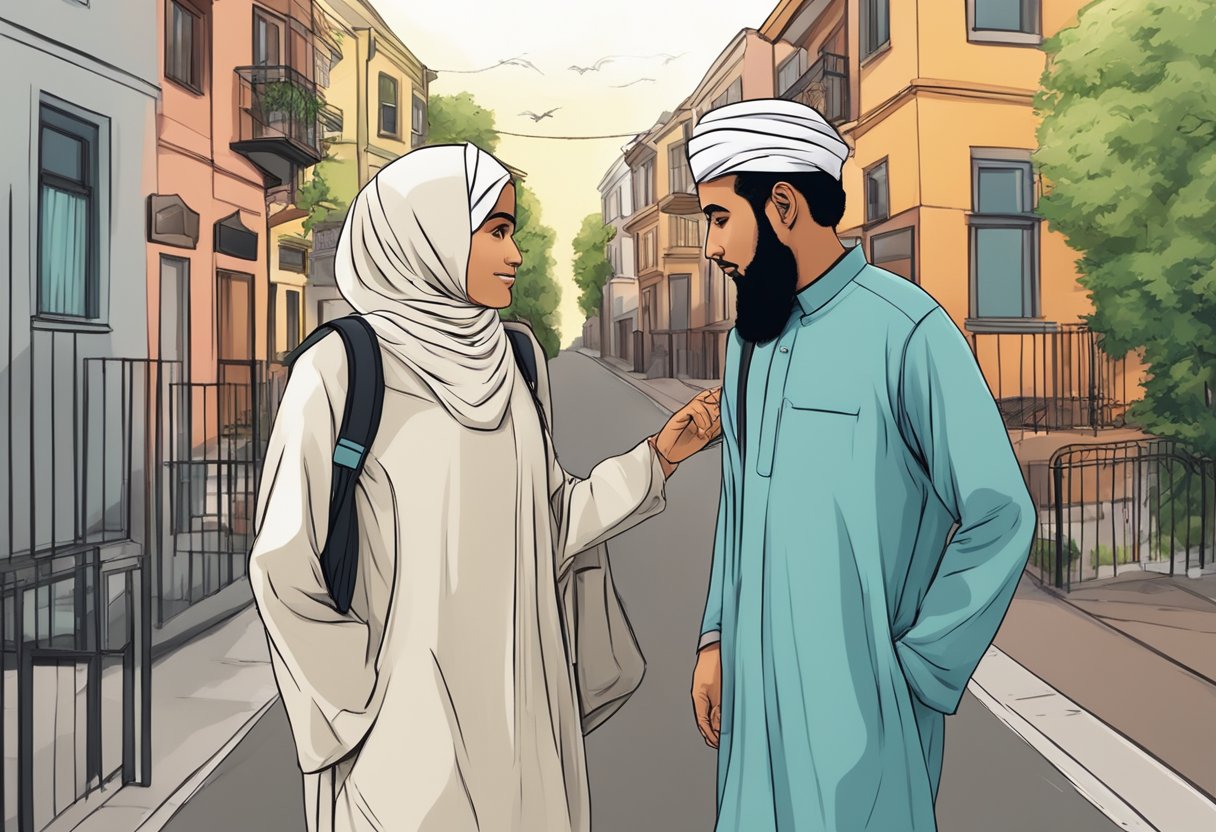 A Muslim couple in a low-income neighborhood navigating the socio-economic implications of marriage or Halal sexuality