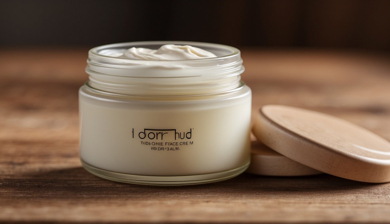 A jar of Tørr Hud face cream sits on a wooden table, surrounded by dry, cracked skin. A gentle light highlights the texture of the cream and the roughness of the skin