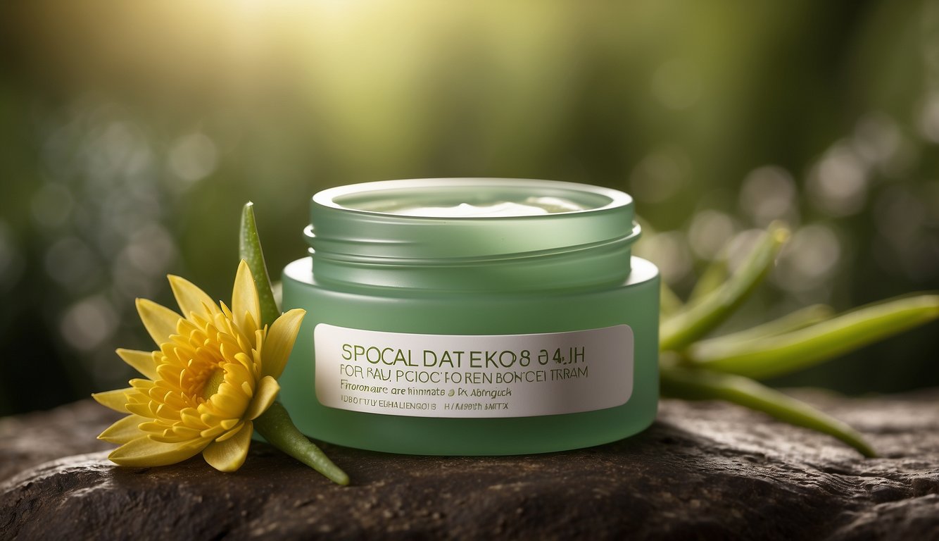 A tube of "Special Products for Extra Care" dry skin facial cream surrounded by soothing natural elements like aloe vera and chamomile