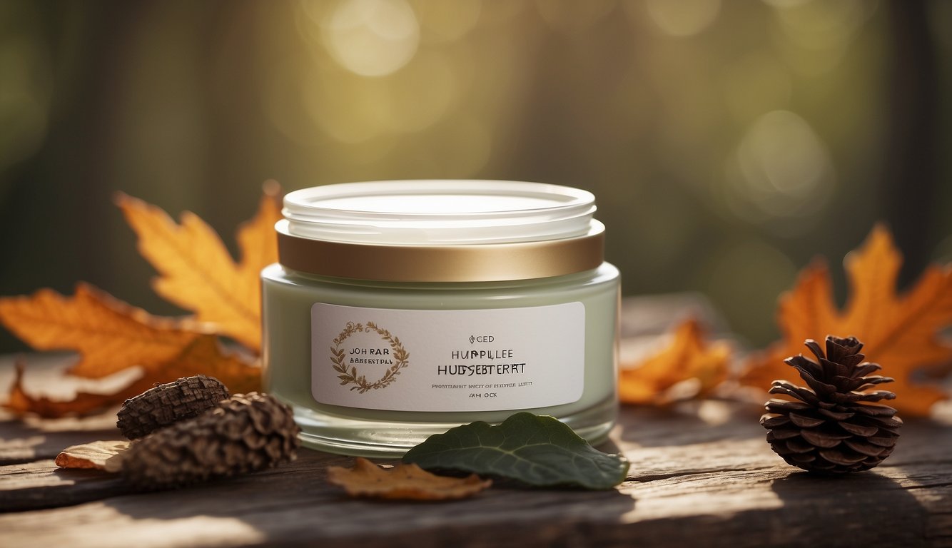 A jar of Råd for Årstidsbasert Hudpleie face cream sits on a wooden table, surrounded by dried leaves and a cozy scarf, evoking a sense of seasonal skincare