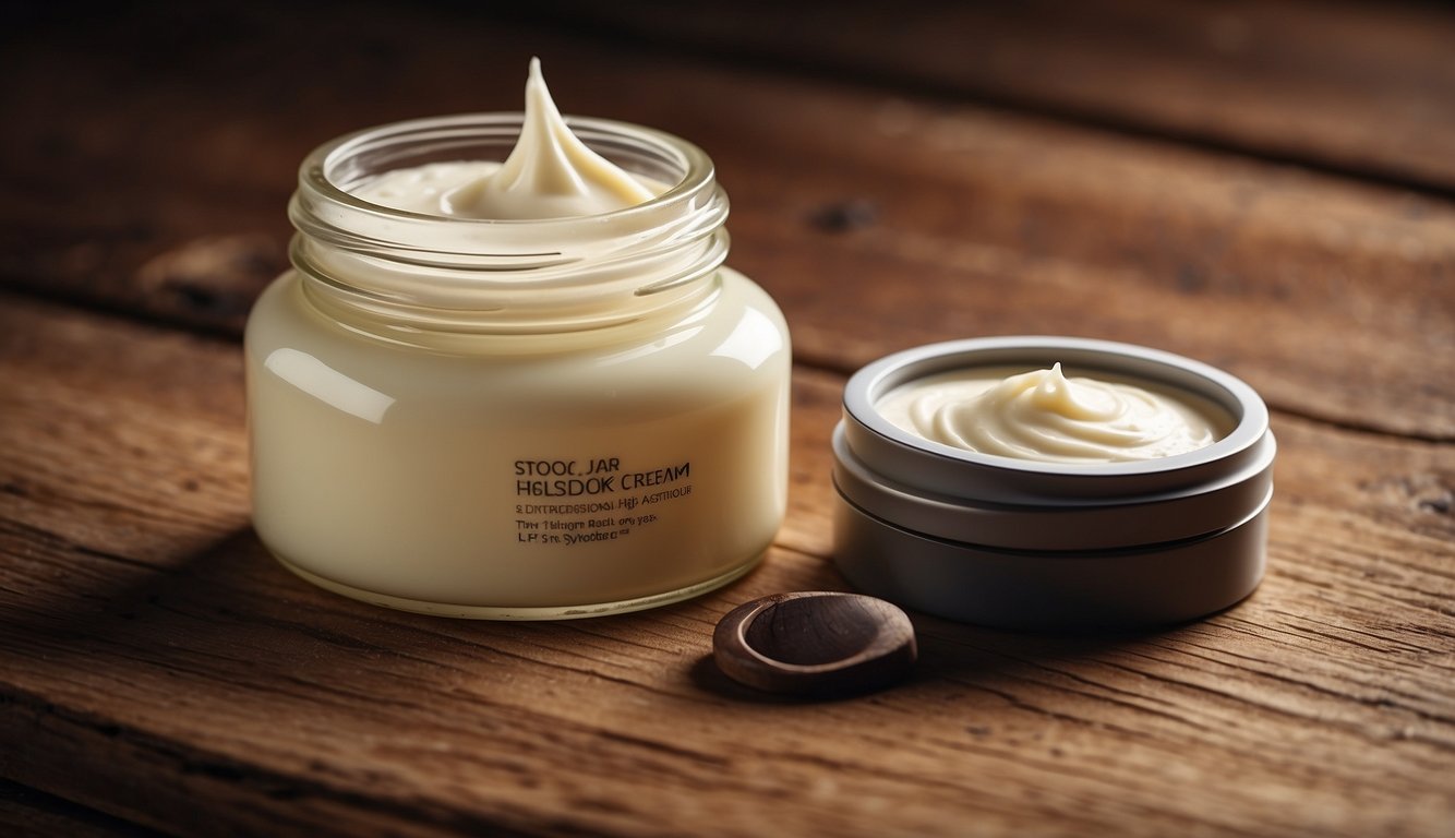 A jar of face cream sits on a wooden table, next to a tube of moisturizer, with a backdrop of dry, cracked skin