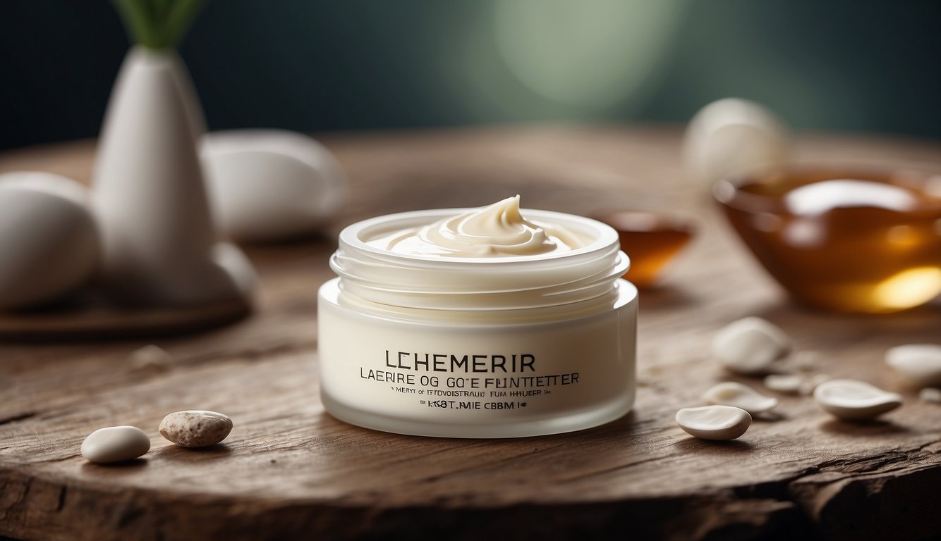 A tube of "Lære Mer og Følge Nyheter" face cream sits on a table next to a jar of moisturizer, with a backdrop of dry, cracked skin