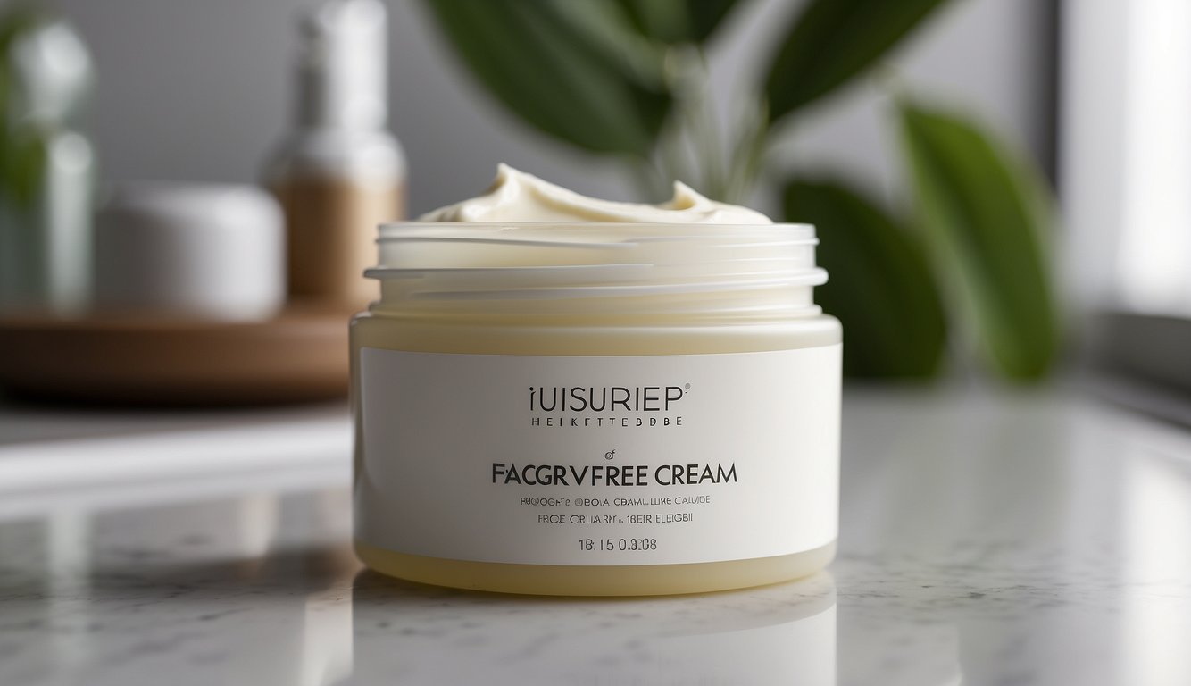 A plain white tube of fragrance-free face cream sits on a clean, minimalist bathroom countertop, surrounded by soft natural light