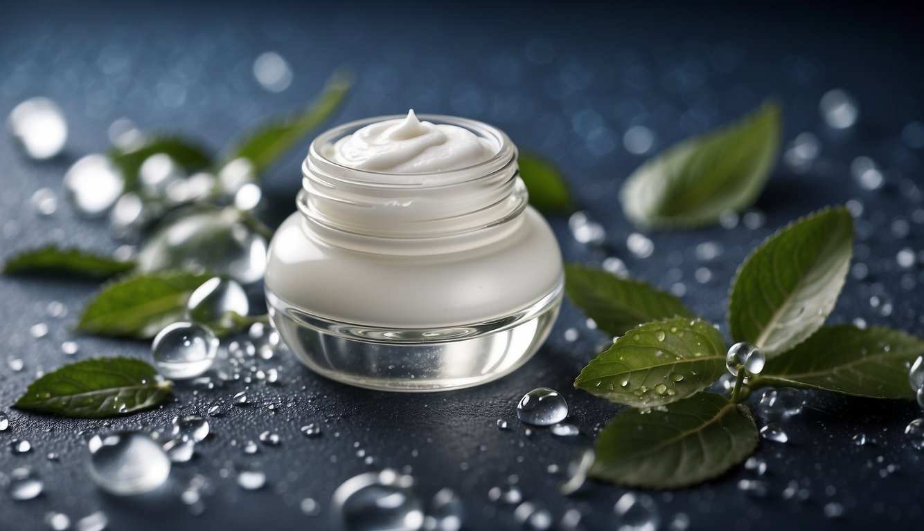 A bottle of fragrance-free facial moisturizer surrounded by droplets of water, emphasizing the importance of moisture for the face