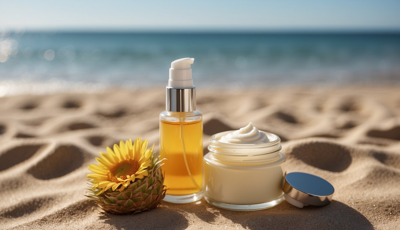 A sunny beach with a bottle of fragrance-free face cream and sunscreen