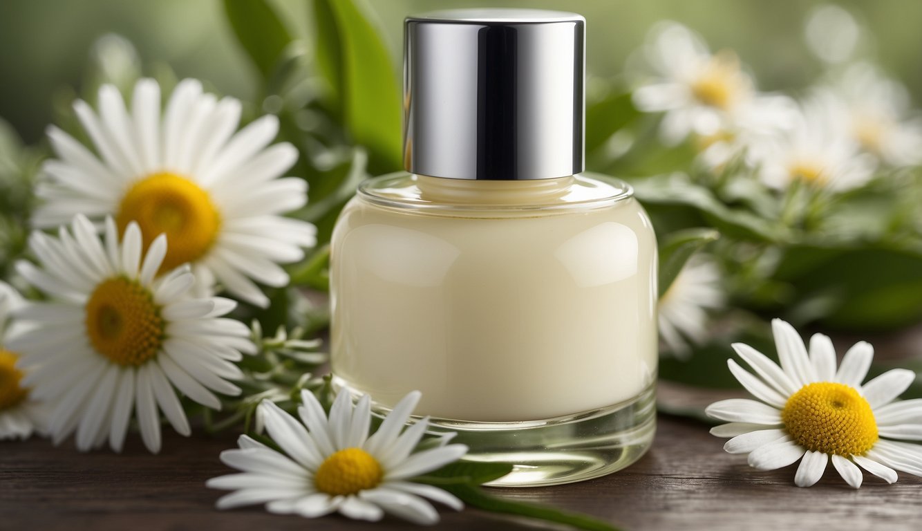 A bottle of fragrance-free face cream surrounded by gentle, soothing ingredients like chamomile and aloe vera, with a clean and minimalist design