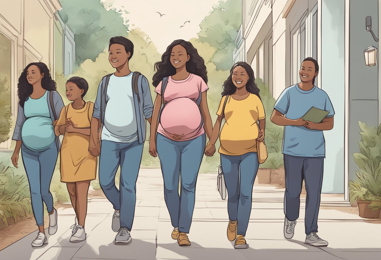 A pregnant woman walking briskly, surrounded by supportive family members, while following advice for inducing labor naturally