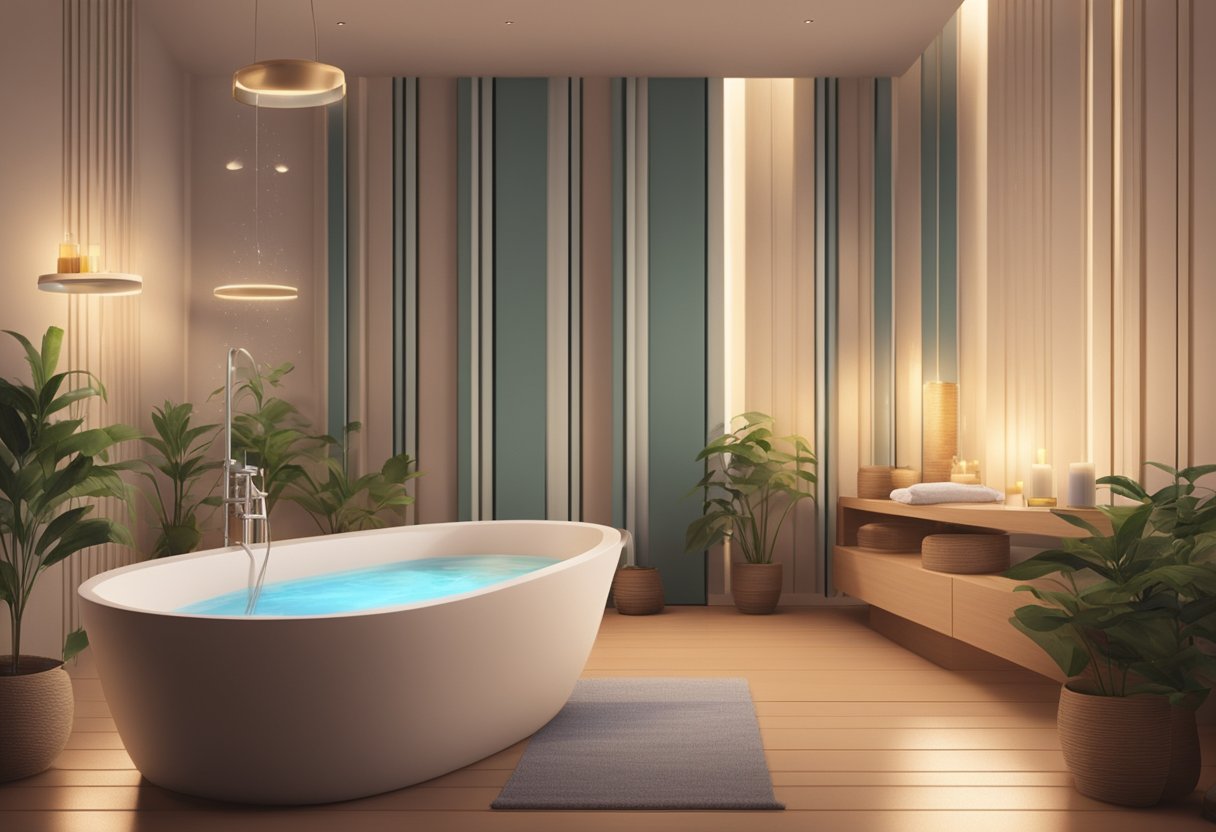 A serene room with soft lighting and essential oils. A warm bath and gentle massage to relax the body. Aromatherapy and soothing music to create a calm atmosphere