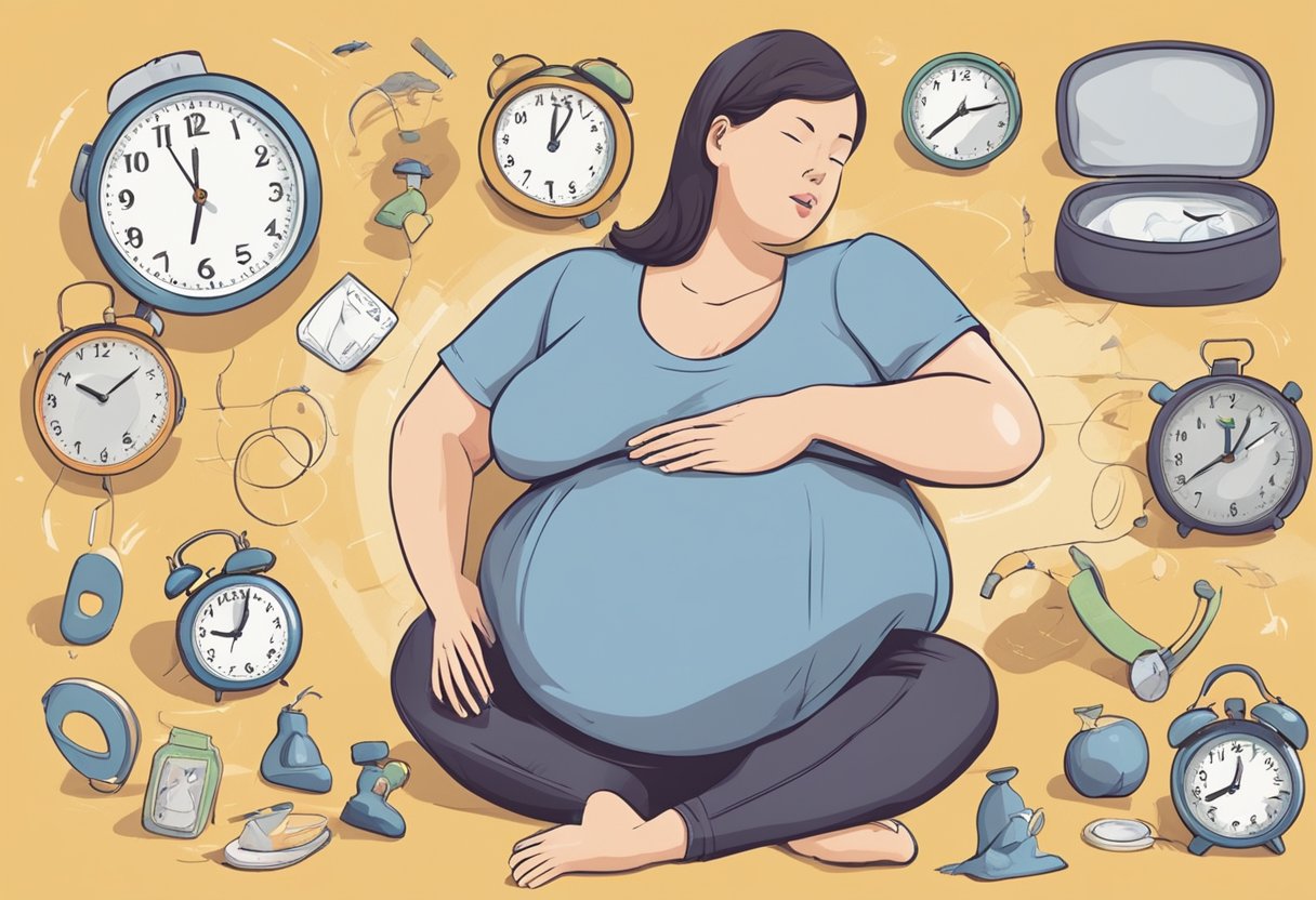 A clock ticking rapidly as a pregnant belly is surrounded by various outdated methods and myths for inducing labor