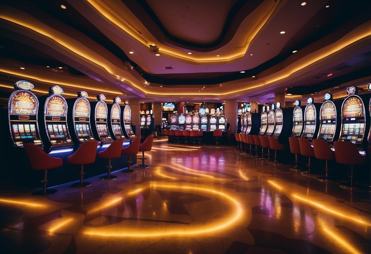 Brightly lit casino floor with rows of slot machines and card tables. Colorful and vibrant atmosphere with people enjoying games and entertainment