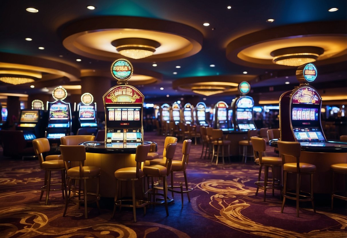 Brightly lit casino floor with slot machines and card tables. Colorful and lively atmosphere with people enjoying games and entertainment