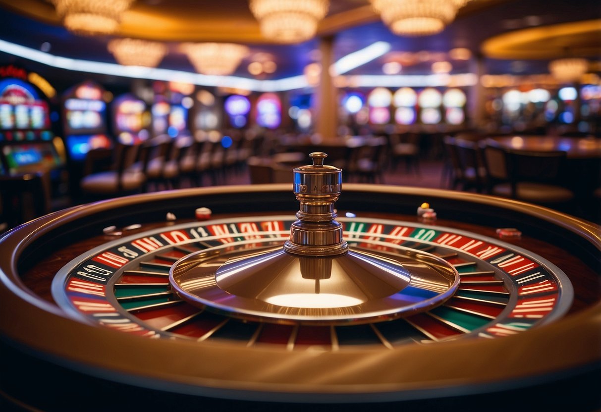 Bright lights, slot machines, and card tables fill the bustling casino floor in Las Vegas. The atmosphere is electric with excitement and anticipation