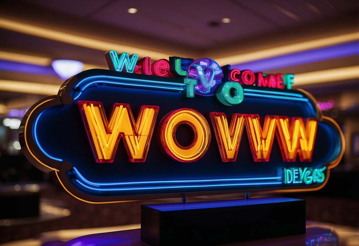 Bright neon sign "Welcome to Wow Vegas Online Casino" above a registration desk with a stack of welcome offer pamphlets