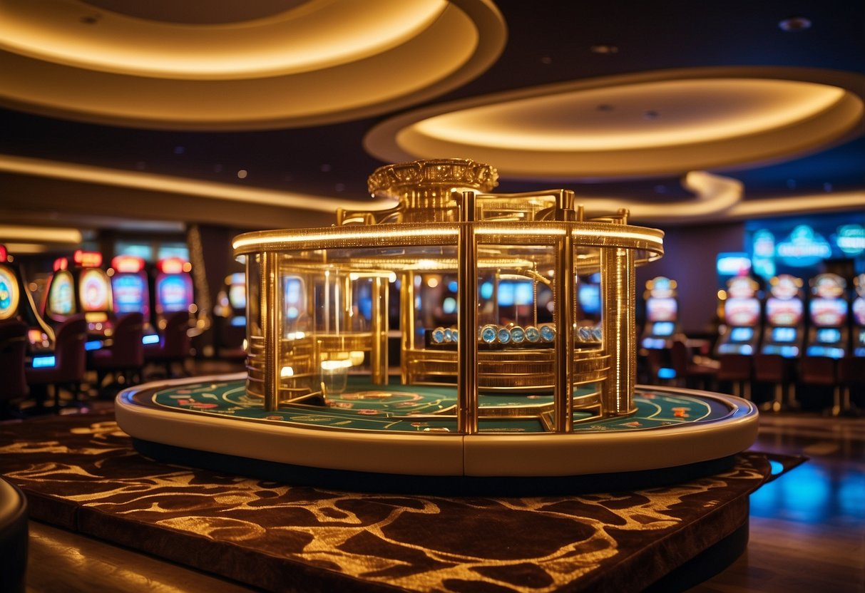 A vibrant online casino with a golden nugget theme, featuring various casino games and a luxurious, high-energy atmosphere