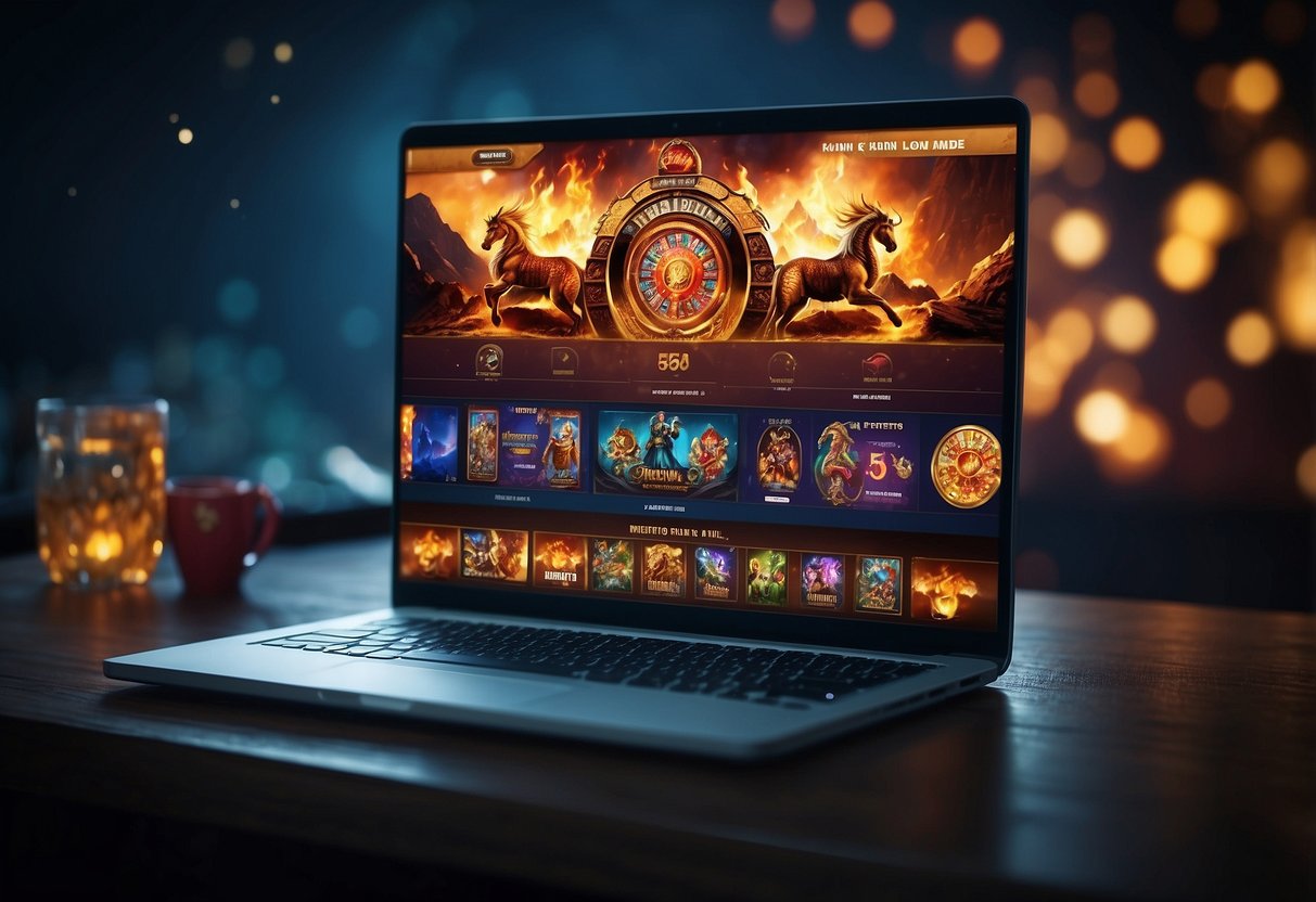 A computer screen displaying the Fire Kirin online casino homepage with a registration form and vibrant graphics of mythical creatures