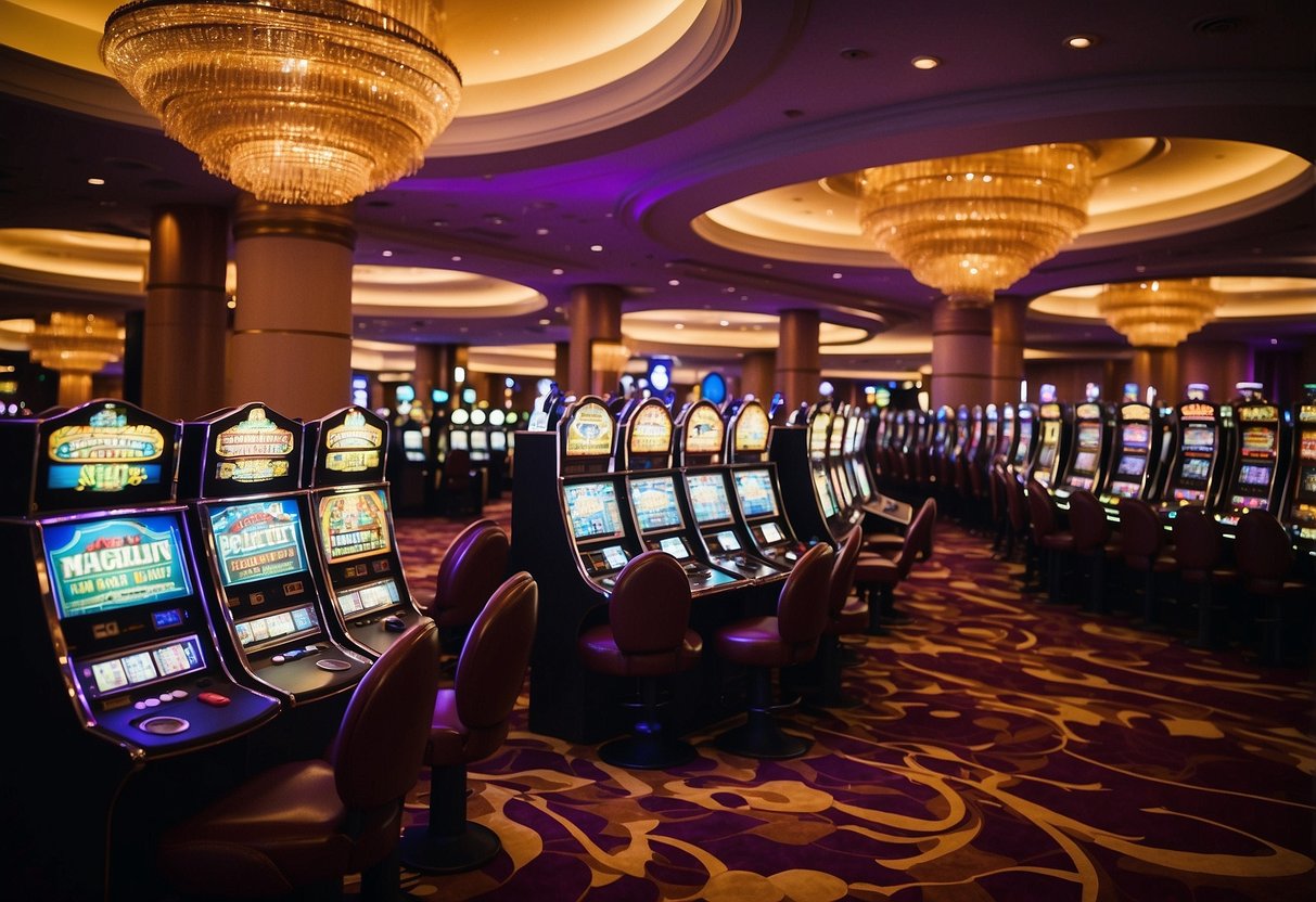 A colorful array of casino games, including slot machines, poker tables, and roulette wheels, fill the vibrant and bustling Borgata online casino floor