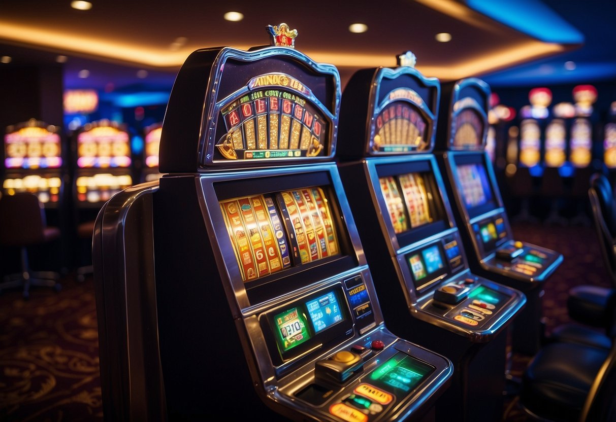 Brightly lit online casino with flashing lights and colorful slot machines, accompanied by the sound of spinning reels and winning jingles