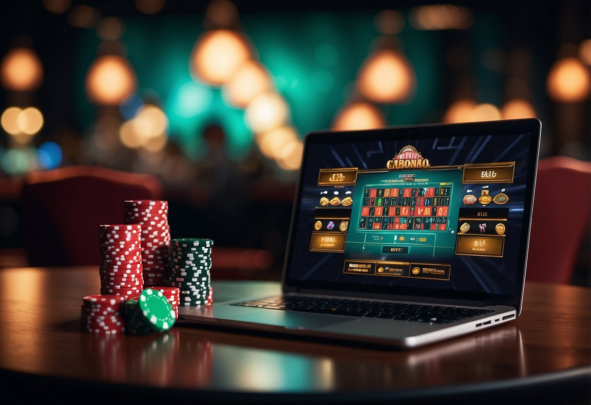 A laptop with a glowing screen displays an online casino homepage, surrounded by a stack of poker chips and a pair of dice